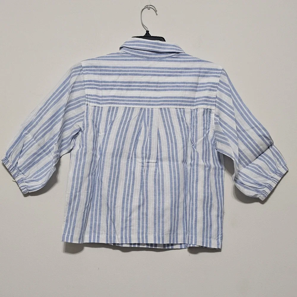Splendid Women's Top X-Small White Blue Striped 3/4 Sleeves Collar New With Tag‎